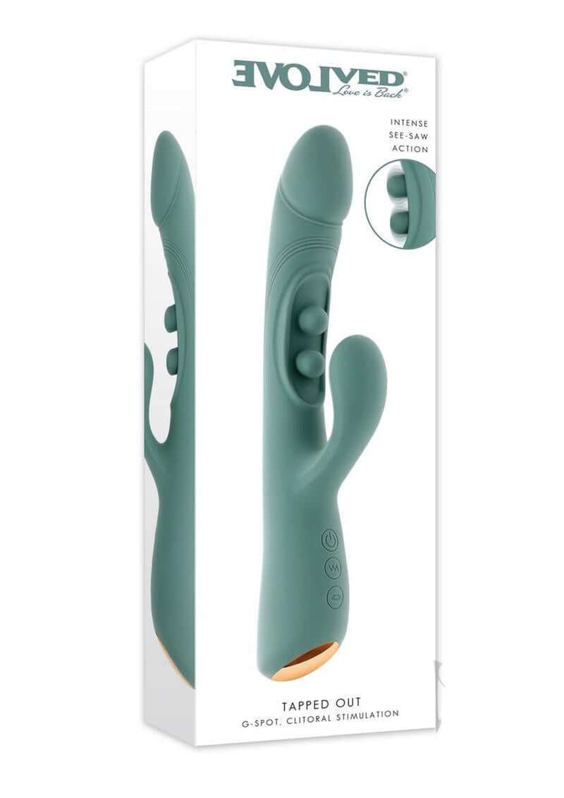Tapped Out Silicone Vibrator with Stimulator Green packaging illustration showcasing its design and features.