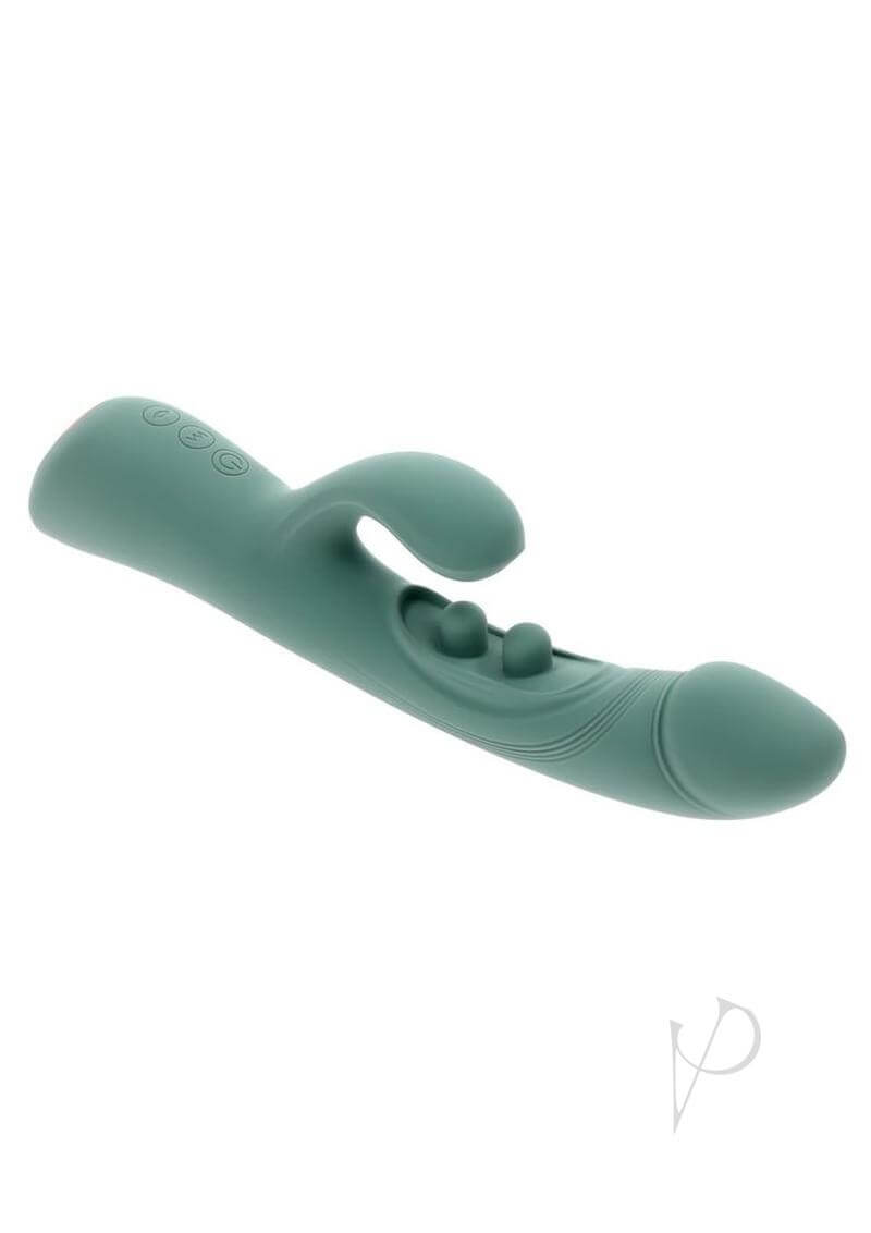 Tapped Out Silicone Vibrator with Stimulator Green displaying ergonomic design and dual stimulation features.