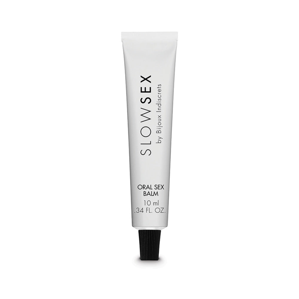 Bijoux Indiscrets Slow Sex Oral Sex Balm 0.34 Oz in a sleek tube packaging, designed for enhancing oral pleasure.