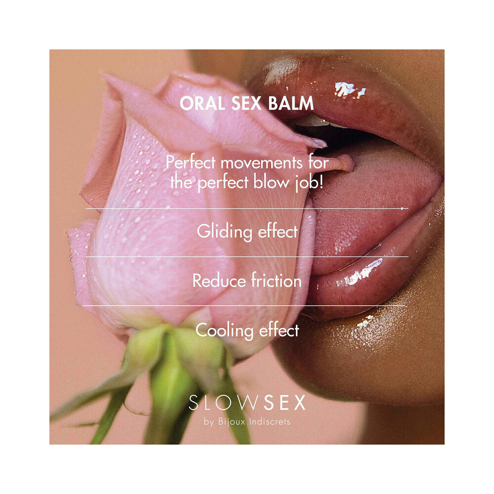 Bijoux Indiscrets Slow Sex Oral Sex Balm 0.34 Oz with a rose and glossy lips showcasing its gliding and cooling effects.