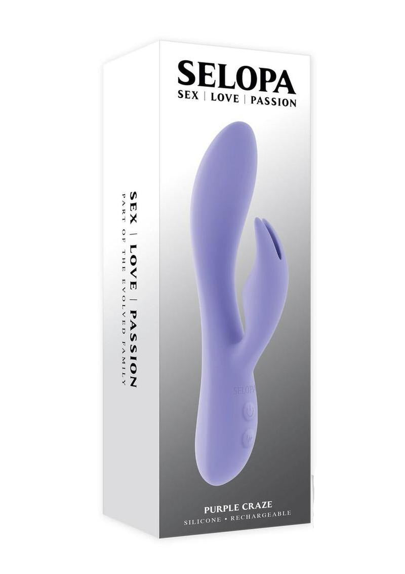 Selopa Purple Craze Rechargeable Silicone Rabbit Vibrator Purple packaging featuring elegant design and stimulating features.