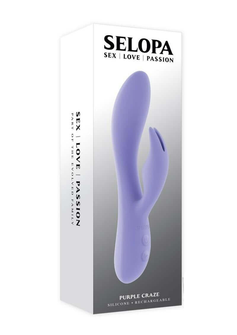 Selopa Purple Craze Rechargeable Silicone Rabbit Vibrator Purple packaging featuring elegant design and stimulating features.