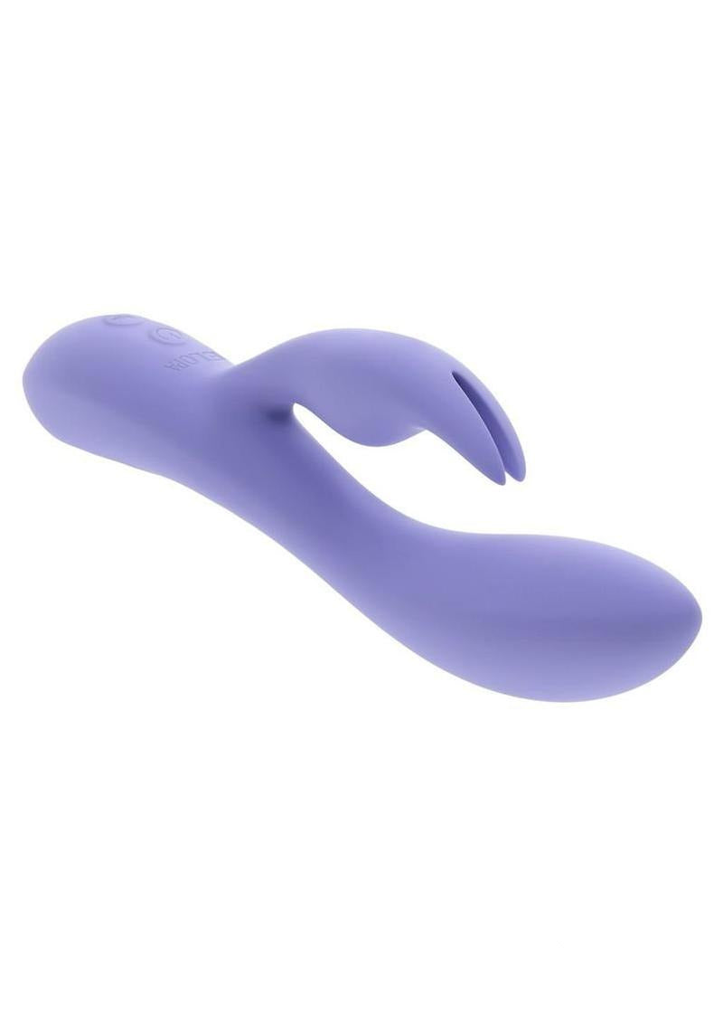 Selopa Purple Craze Rechargeable Silicone Rabbit Vibrator Purple featuring a curved shaft and clitoral stimulator.