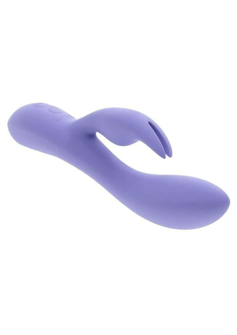 Selopa Purple Craze Rechargeable Silicone Rabbit Vibrator Purple featuring a curved shaft and clitoral stimulator.