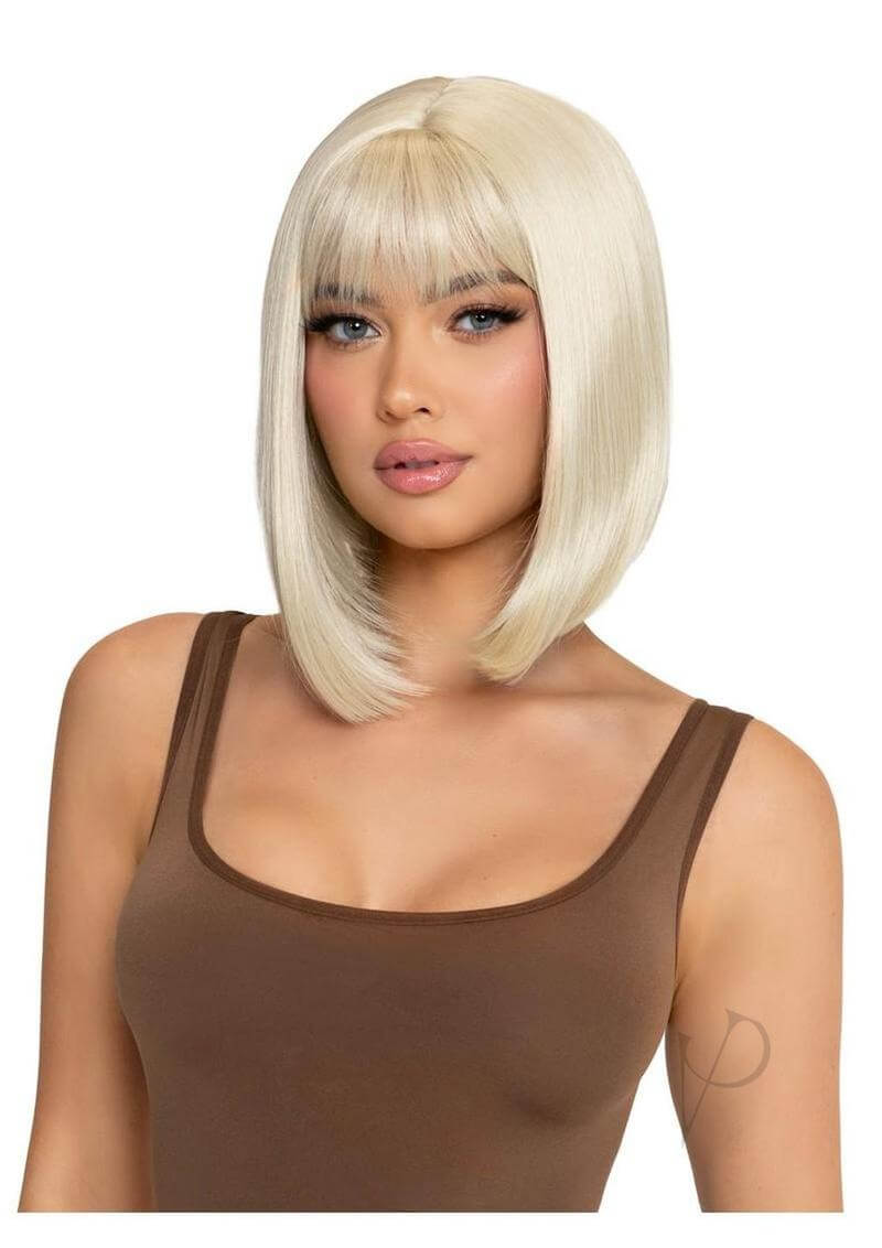 Leg Avenue Angled Bob Wig Blonde worn by a model, showcasing a chic polished look with a salon-style appearance.