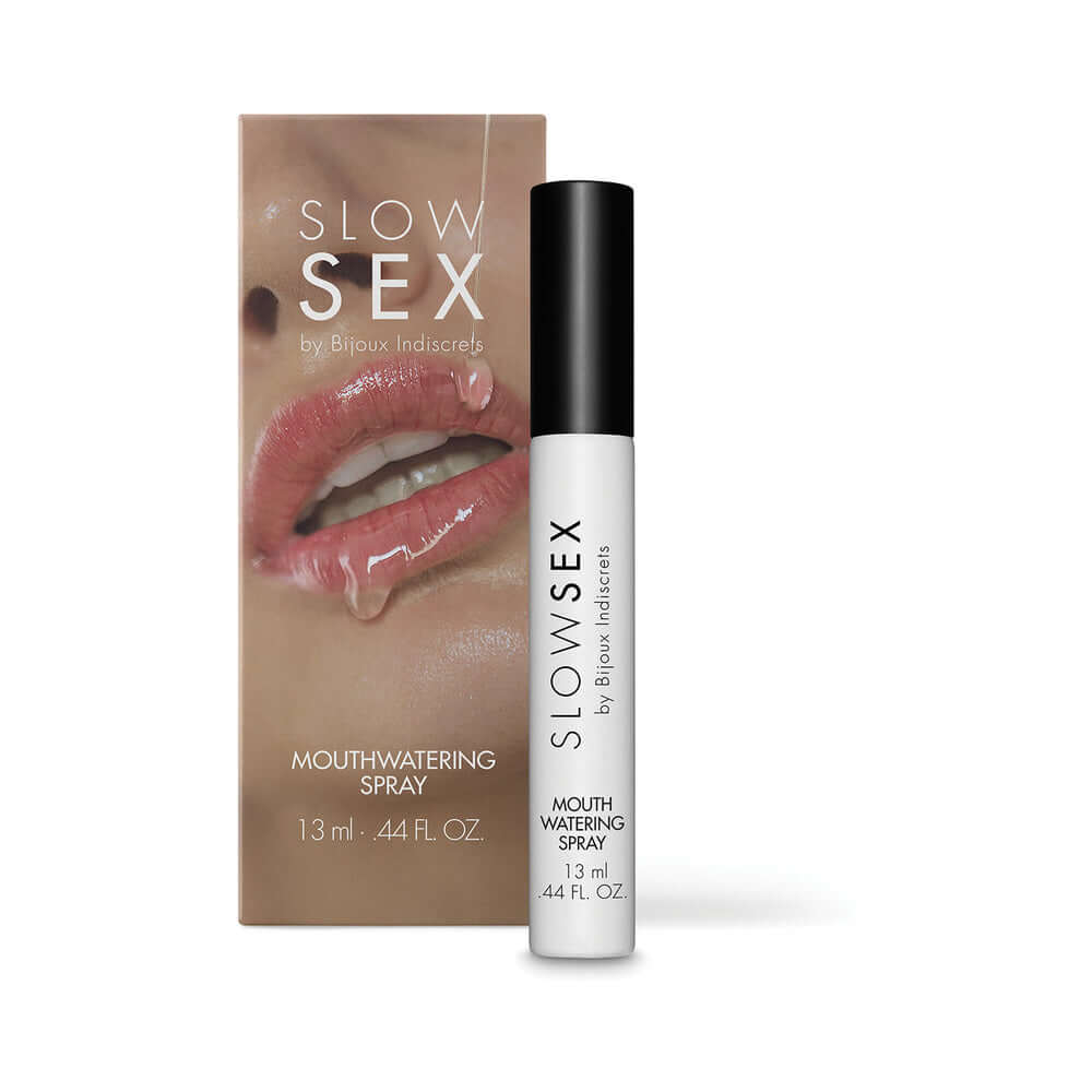 Bijoux Indiscrets Slow Sex Mouthwatering Spray 0.44 Oz with packaging and lips in the background, enhancing oral pleasure.