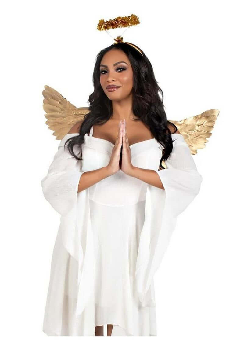 Leg Avenue Metallic Angel Wings & Tinsel Halo Headband Gold worn by a woman in a white dress.