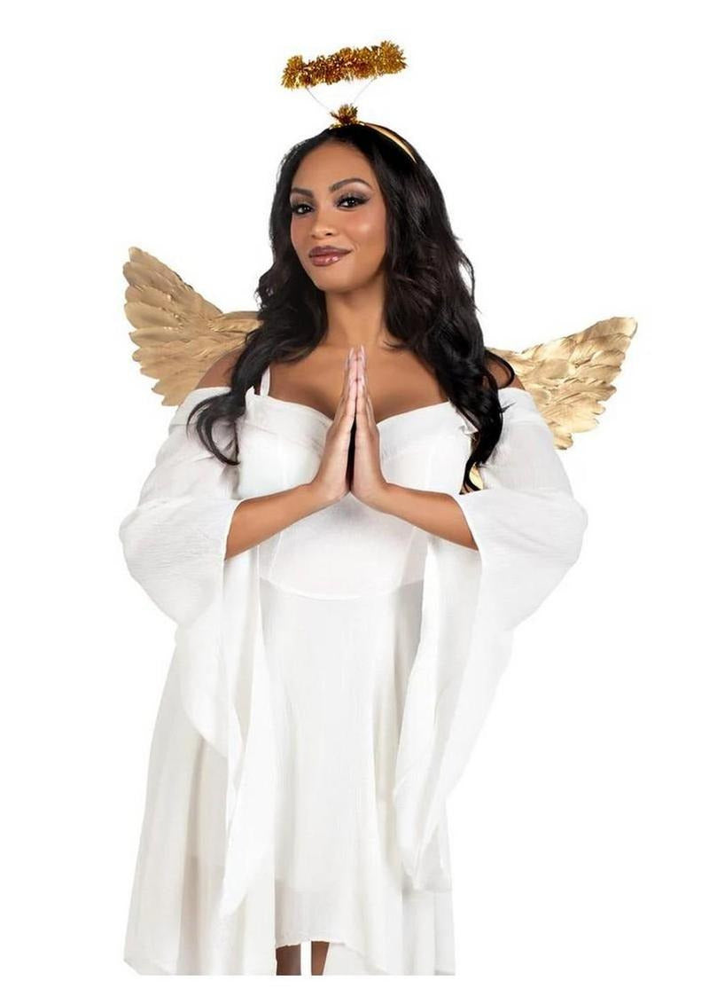Leg Avenue Metallic Angel Wings & Tinsel Halo Headband Gold worn by a woman in a white dress.