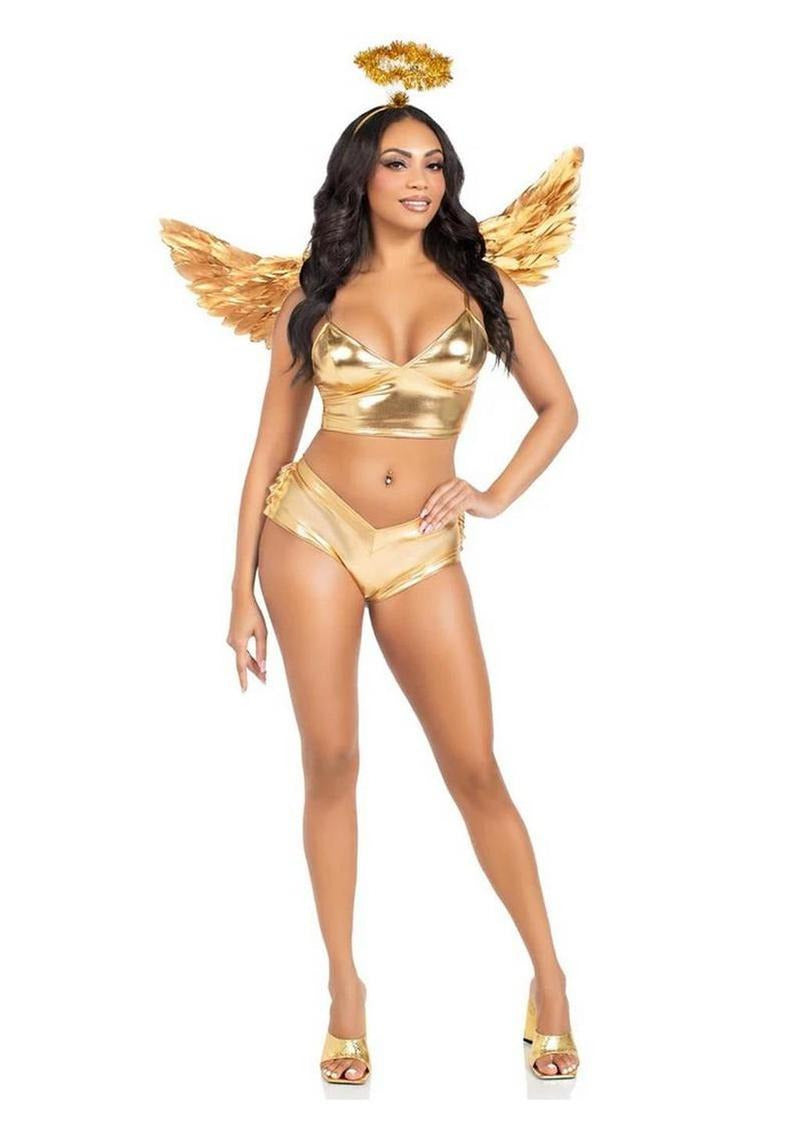Leg Avenue Metallic Angel Wings & Tinsel Halo Headband Gold worn by a model showcasing a stunning angel costume.