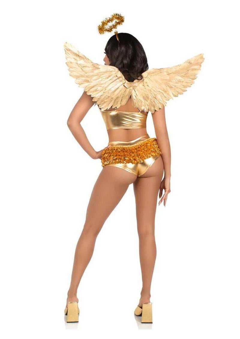 Leg Avenue Metallic Angel Wings & Tinsel Halo Headband Gold worn by model with golden wings and halo from back view.
