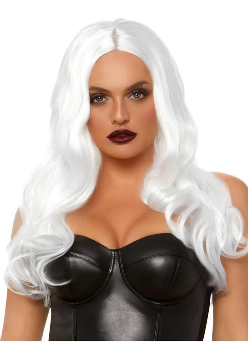 Leg Avenue Long Wavy Wig 27 inch White showcased on a model with long wavy hair and a dark outfit, highlighting the glamorous look.
