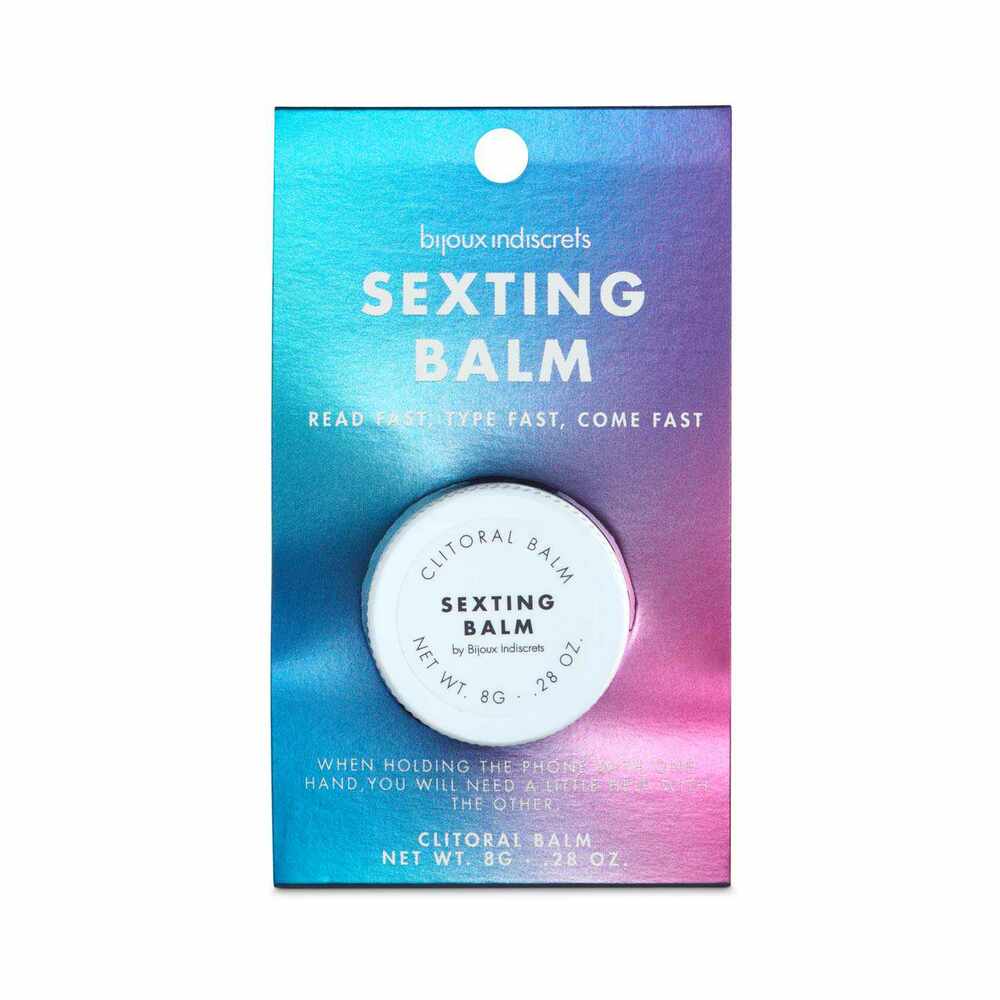 Bijoux Indiscrets Clitherapy Sexting Clitoral Balm 0.28 Oz packaging with vibrant colors and a playful message.
