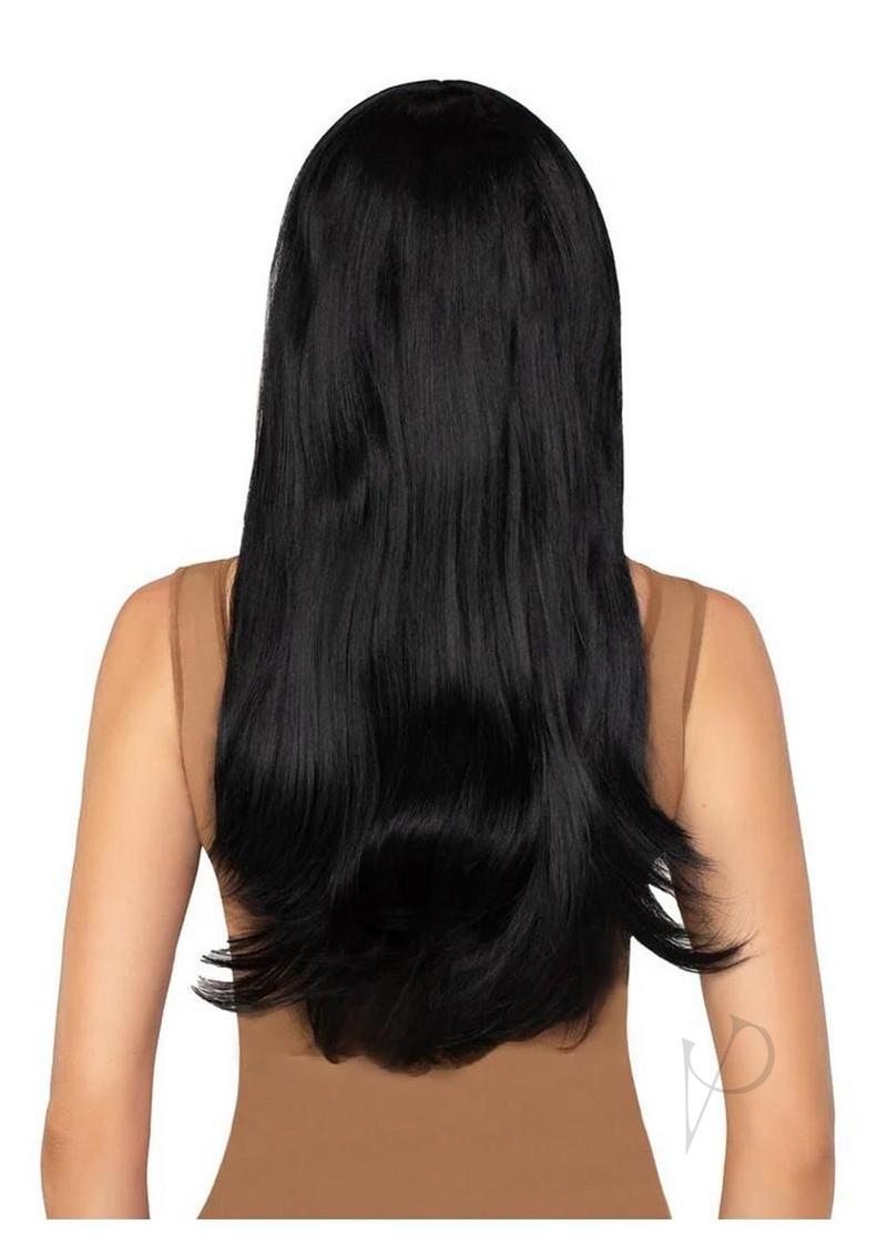 Back view of Leg Avenue Long Straight Bang Wig 25 inch Black, featuring sleek, long black strands and a stylish look.