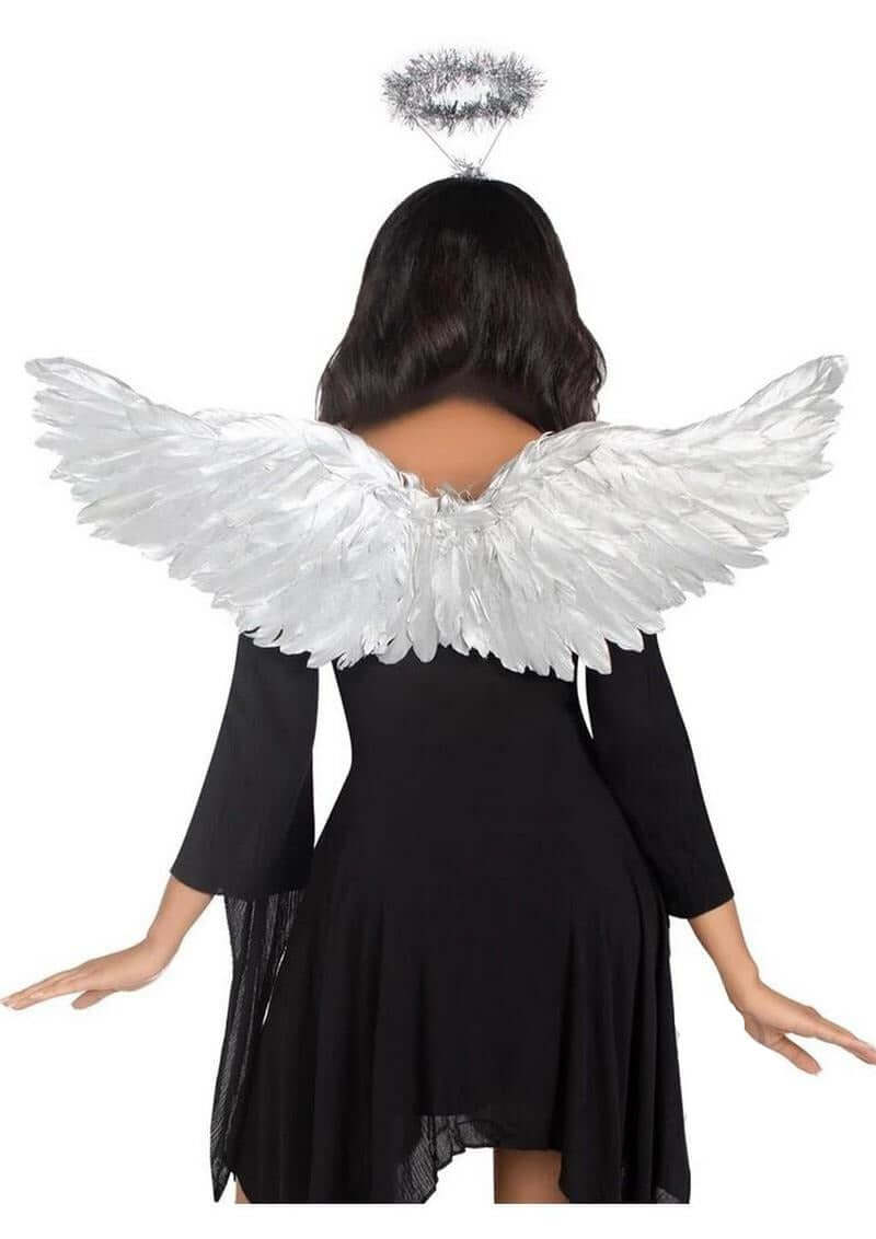 Leg Avenue Metallic Angel Wings & Tinsel Halo Headband Silver on a model with a black dress and shimmering wings.