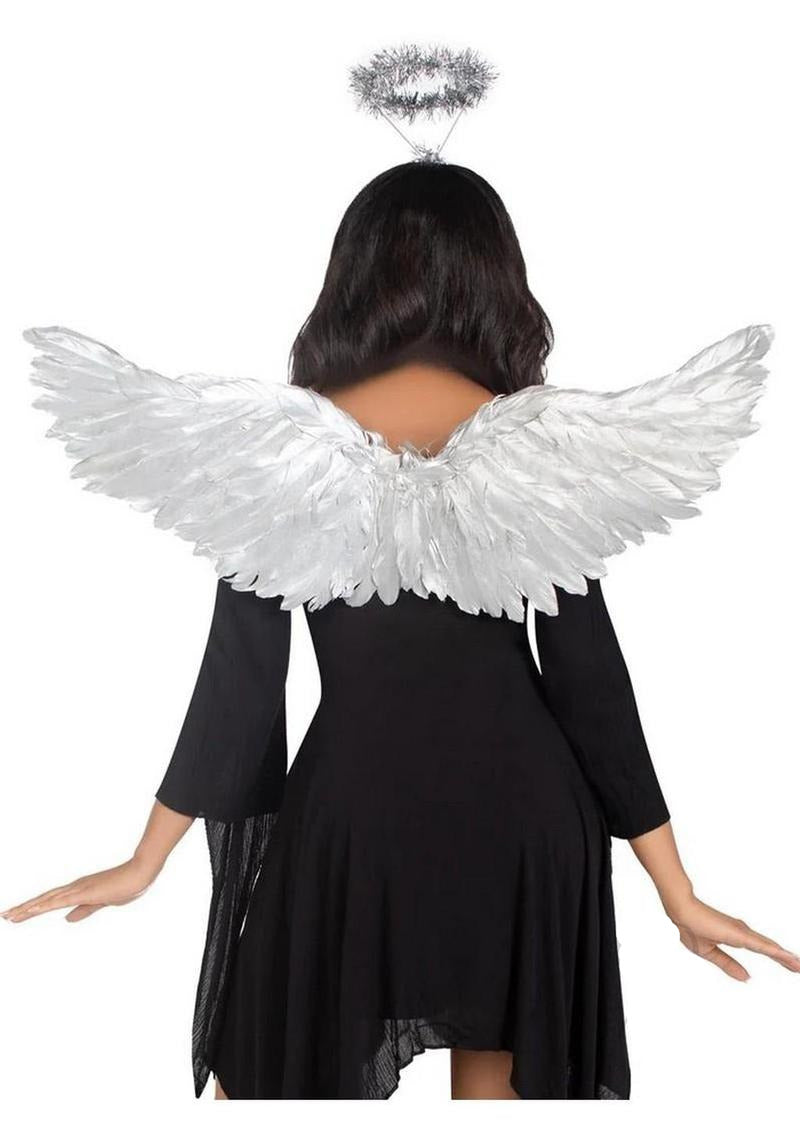 Leg Avenue Metallic Angel Wings & Tinsel Halo Headband Silver on a model with a black dress and shimmering wings.