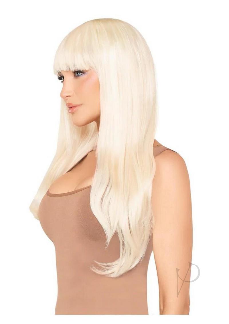 Leg Avenue Long Straight Bang Wig 25 inch Blonde displayed on a model with straight blonde hair and blunt bangs.
