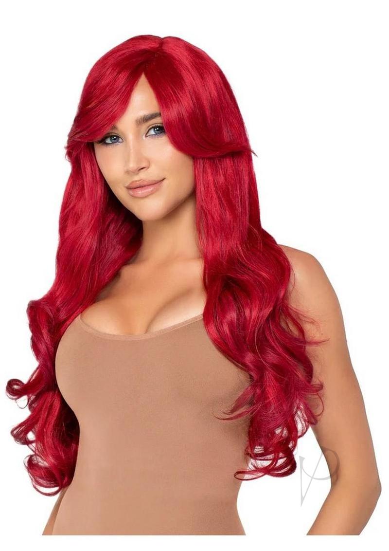 Leg Avenue Long Wavy Wig 27 inches Red worn by a model with soft, cascading waves and a glamorous look.