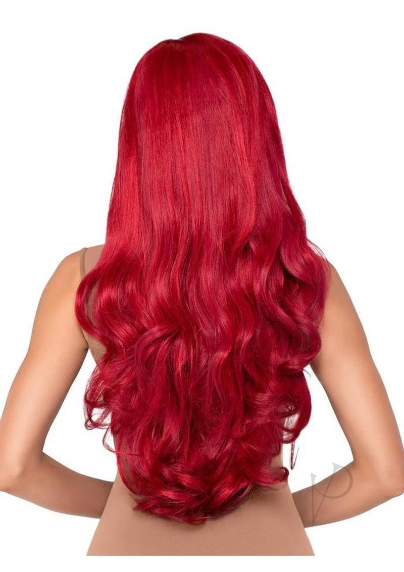 Leg Avenue Long Wavy Wig 27 inches Red showcasing soft cascading waves and vibrant red color from the back.