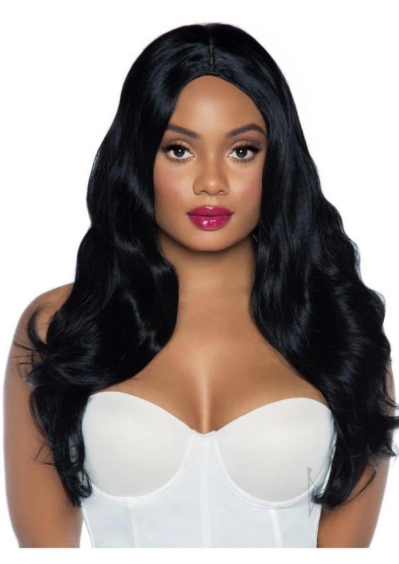 Leg Avenue Long Wavy Wig 27 inches Black worn by a model with soft, cascading waves and a glamorous look.