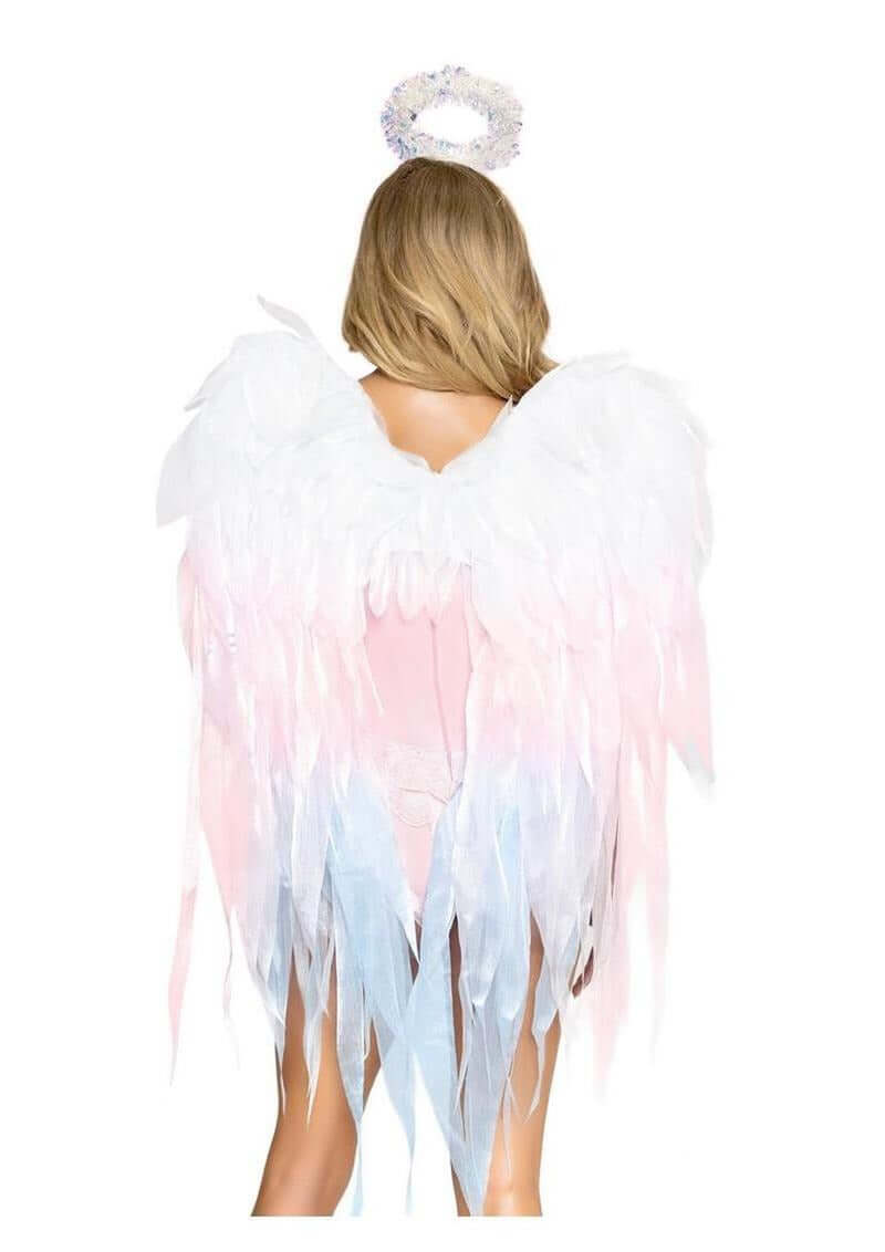 Leg Avenue Angel Ombre Chiffon Wings & Headband shown with pastel wings and halo headband from the back.