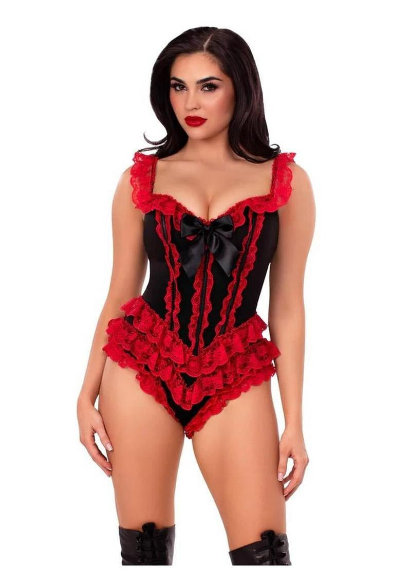 Leg Avenue Boned Ruffle Bodysuit with Bow XLarge Black Red model showcasing lace ruffles and satin bow detail.