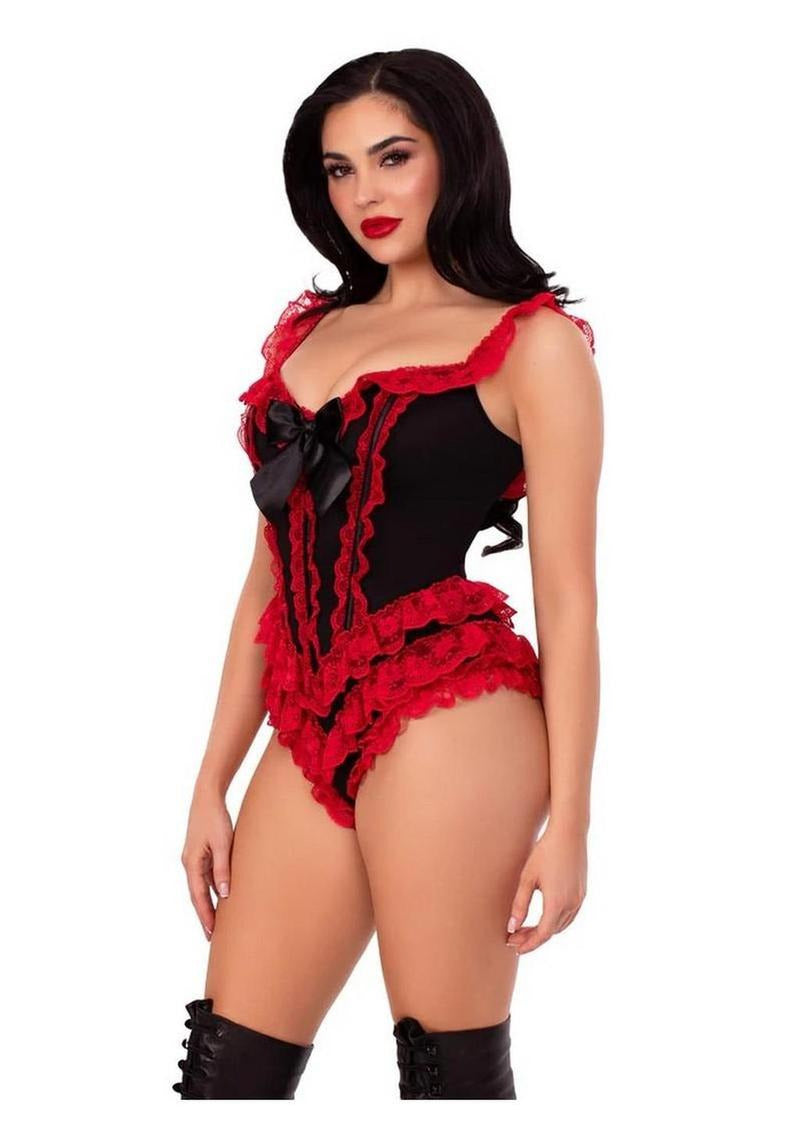 Leg Avenue Boned Ruffle Bodysuit with Bow XLarge Black Red featuring lace ruffles and a satin bow, ideal for lingerie and costumes.