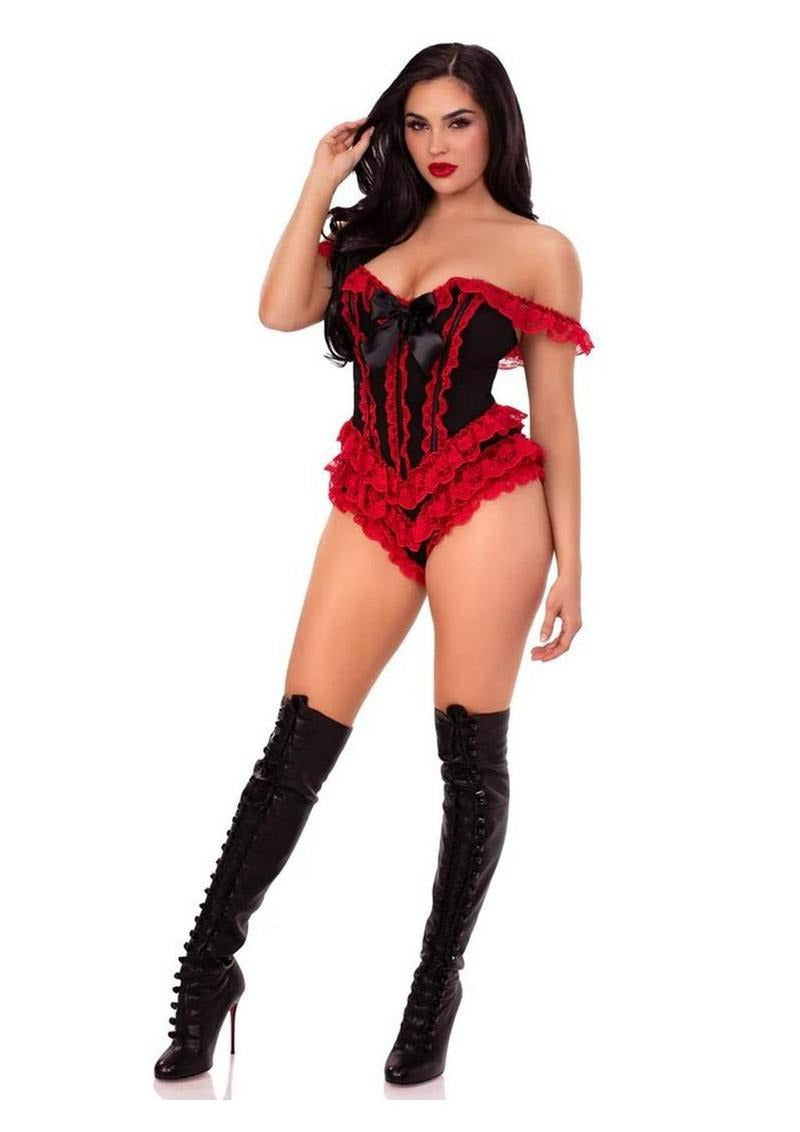 Leg Avenue Boned Ruffle Bodysuit with Bow Large Black Red model showcasing flirty lace ruffles and satin bow.