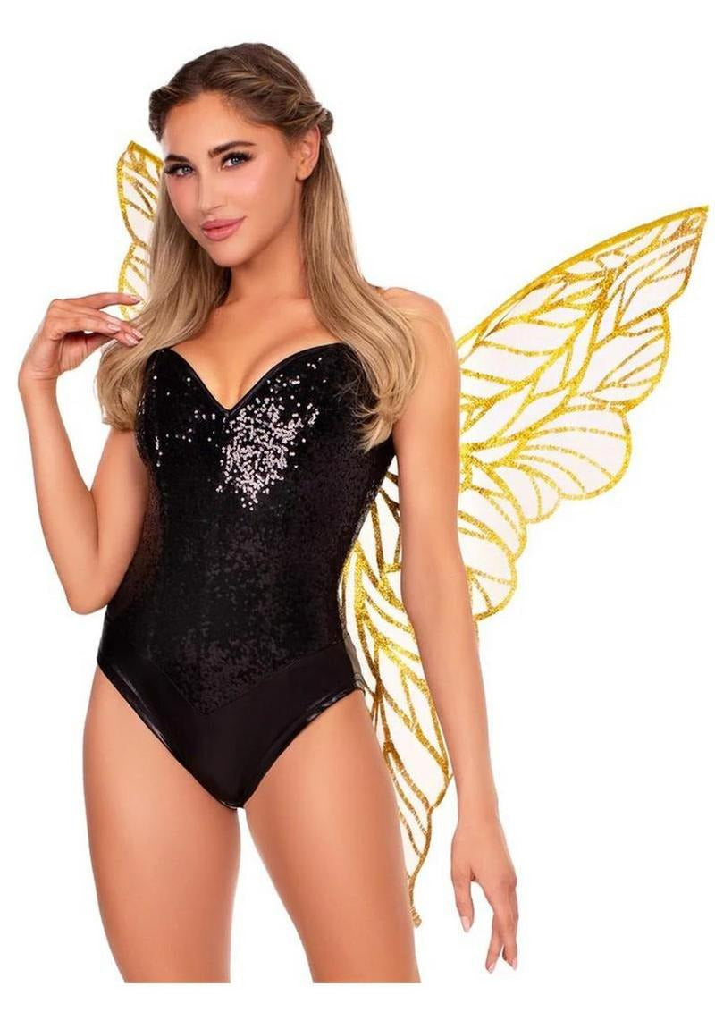 Leg Avenue Iridescent Strapless Fairy Wings OS Gold showcased by a model in a sparkling black bodysuit and vibrant wings.