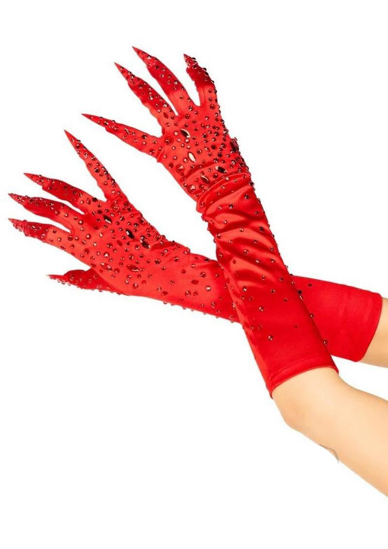 Leg Avenue Rhinestone Claw Gloves OS Red with satin finish and rhinestone details for Halloween costume.