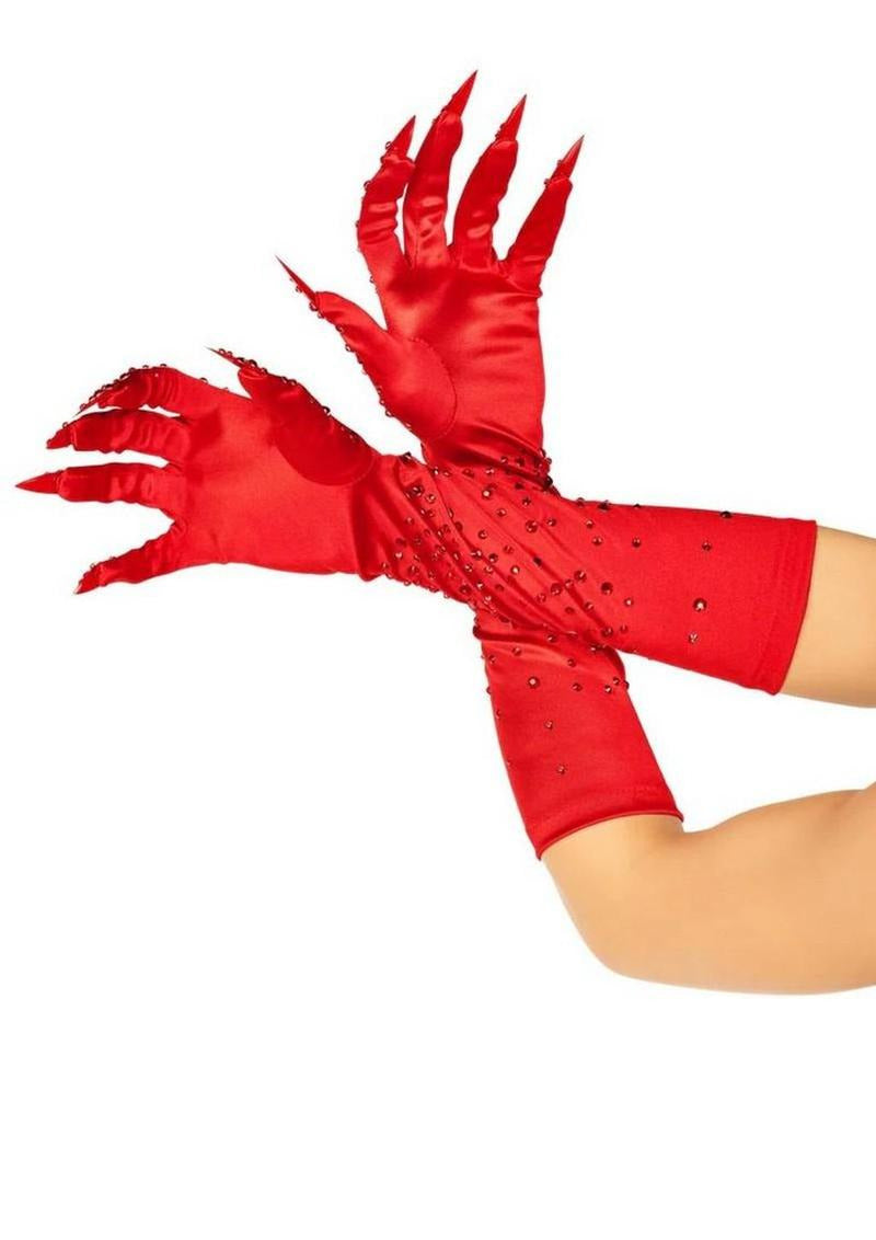 Leg Avenue Rhinestone Claw Gloves OS Red with creepy claws and glamorous rhinestone details in stunning red satin.