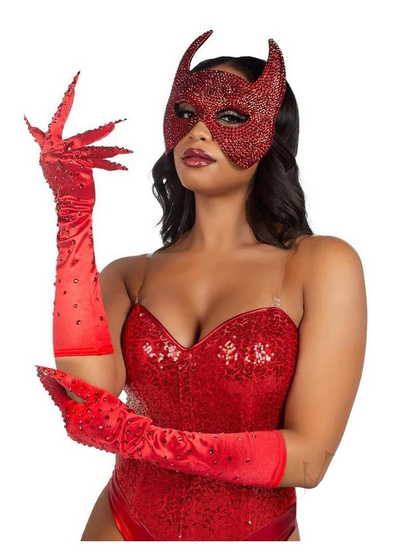 Leg Avenue Rhinestone Claw Gloves OS Red worn with devil mask, showcasing elegant satin and rhinestone details for Halloween.