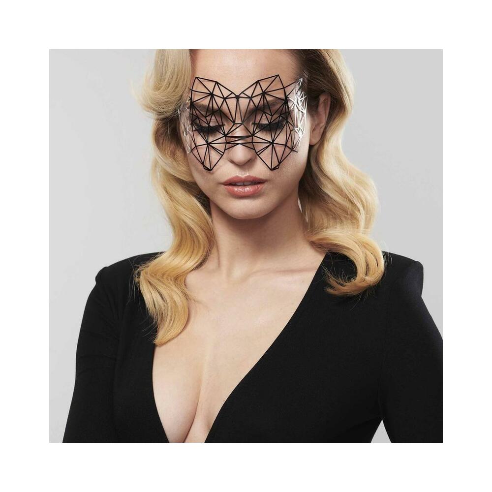 Bijoux Indiscrets Kristine Decal Eye Mask showcased on a model, emphasizing elegance and allure in black attire.