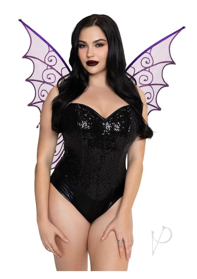 Leg Avenue Glitter Strapless Pixie Wings One Size Purple showcased on a model in a dark costume with shimmering wings.