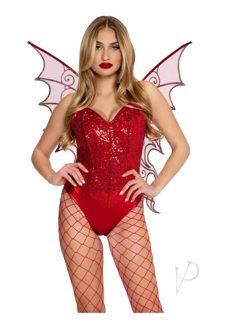 Model wearing Leg Avenue Glitter Strapless Pixie Wings O/S Red with shimmering wings and a sparkly outfit.