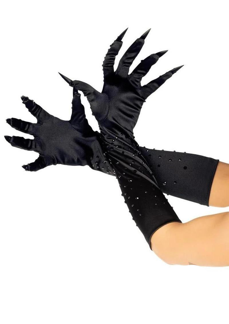 Leg Avenue Rhinestone Claw Gloves OS Black with satin fabric and rhinestone details, perfect for Halloween costumes.