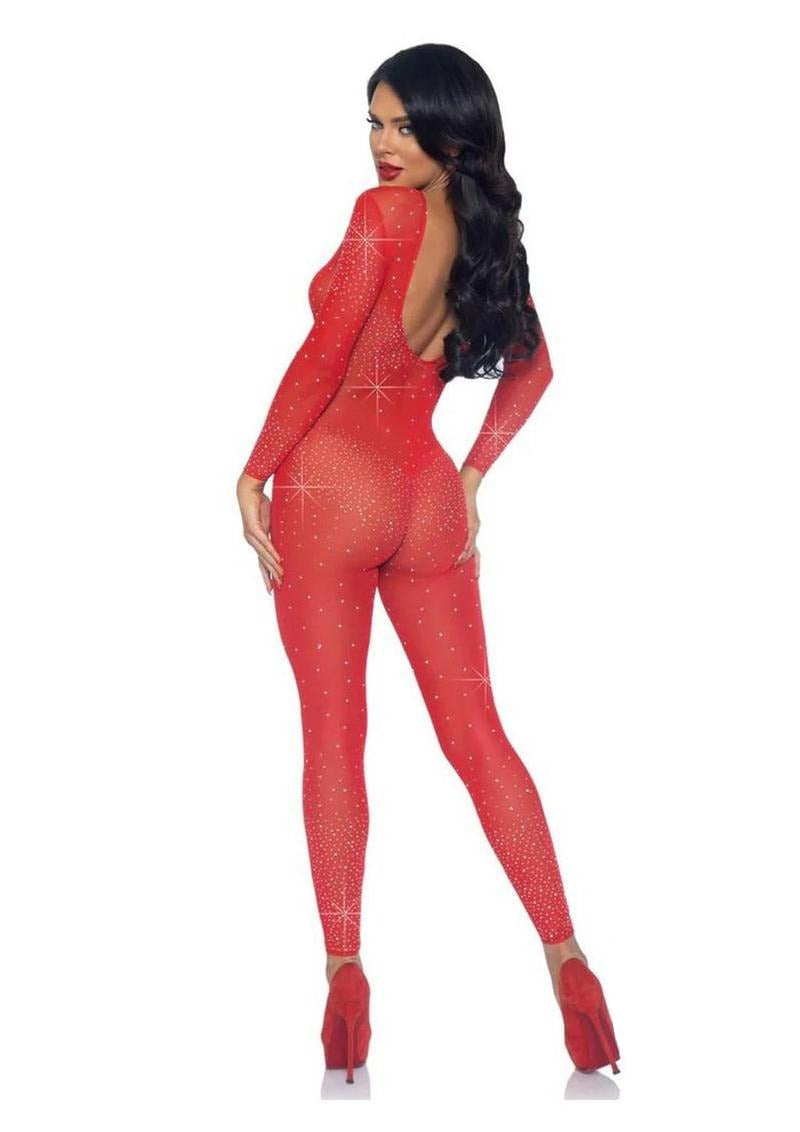 Leg Avenue Sheer Rhinestone Catsuit Medium Red showcasing a plunging back and dazzling rhinestones.
