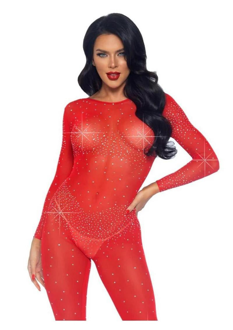 Leg Avenue Sheer Rhinestone Catsuit XSmall Red with attached rhinestones and sheer fabric, modeled by a glamorous model.
