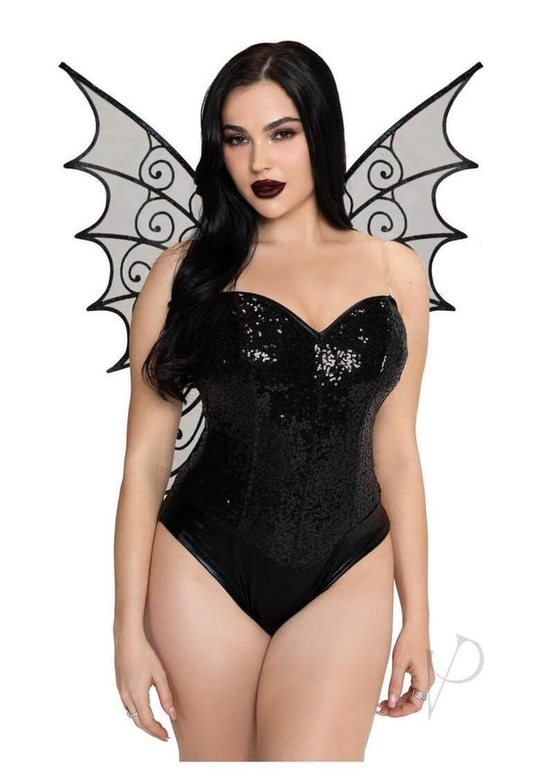Leg Avenue Glitter Strapless Pixie Wings O/S Black showcasing a model in sparkling black bodysuit with shimmering wings.