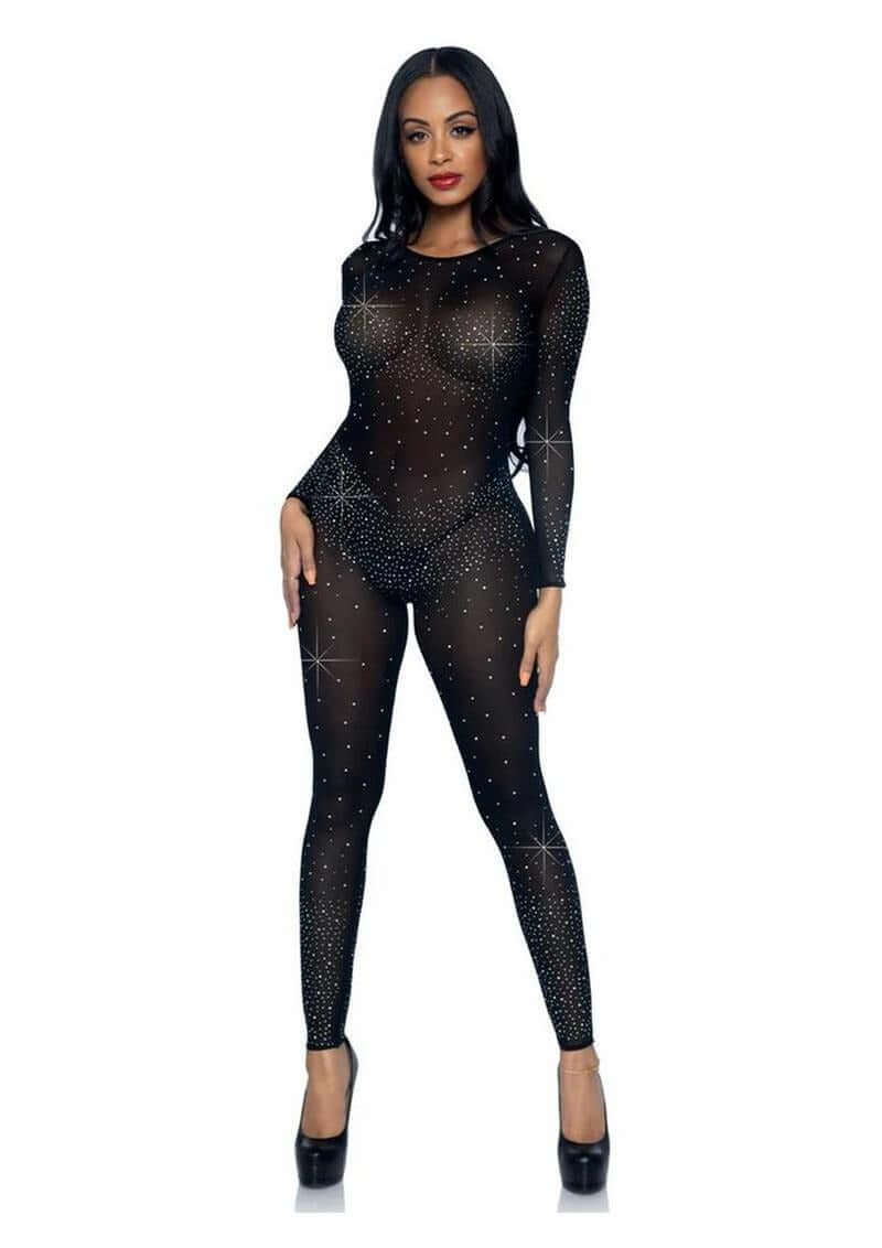 Leg Avenue Sheer Rhinestone Catsuit Medium Black model showcasing the sparkling sheer design with rhinestones.