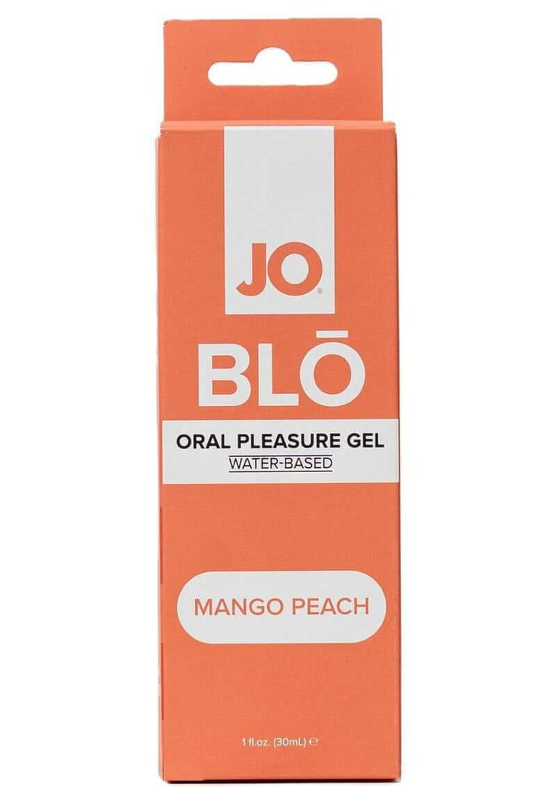 JO Blo Oral Pleasure Gel Mango Peach 1 Oz packaging, featuring a vibrant design and water-based formula for oral play.