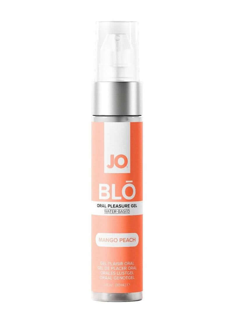 JO Blo Oral Pleasure Gel Mango Peach 1 Oz bottle with silver pump, perfect for enhancing intimate experiences.