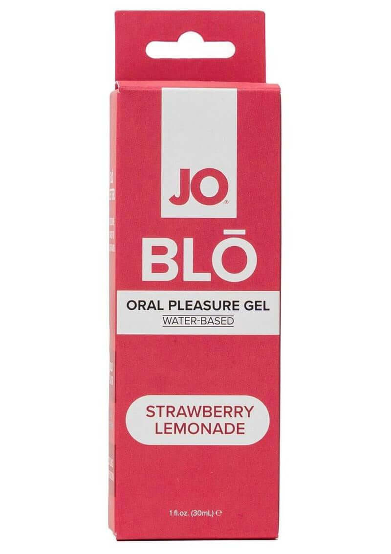 JO Blo Oral Pleasure Gel Strawberry Lemonade 1 Oz packaging front view, featuring bold design and product details.