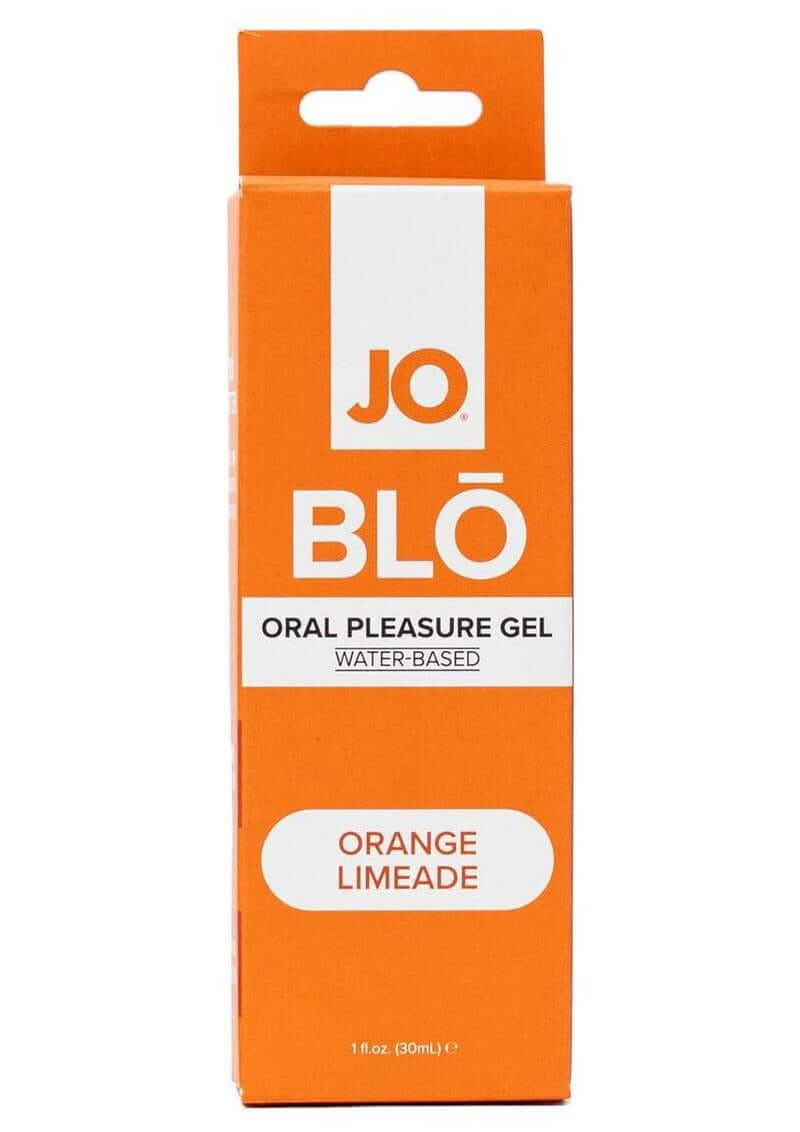 JO Blo Pleasure Gel Orange Limeade 1 Oz packaging, featuring a vibrant orange design and water-based formula.