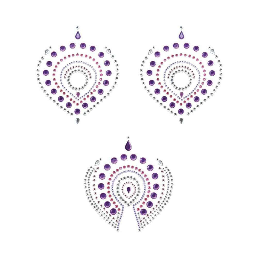 Bijoux Indiscrets Flamboyant Rhinestone Body Decorations featuring purple and silver designs.