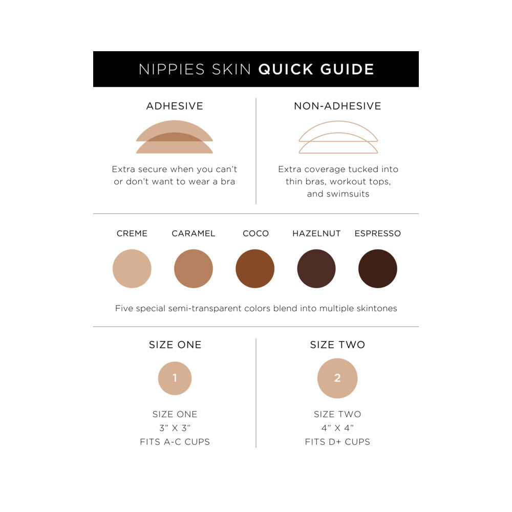 Nippies Skin Nipple Covers Size 2 Caramel quick guide with adhesive and non-adhesive options and sizing details.