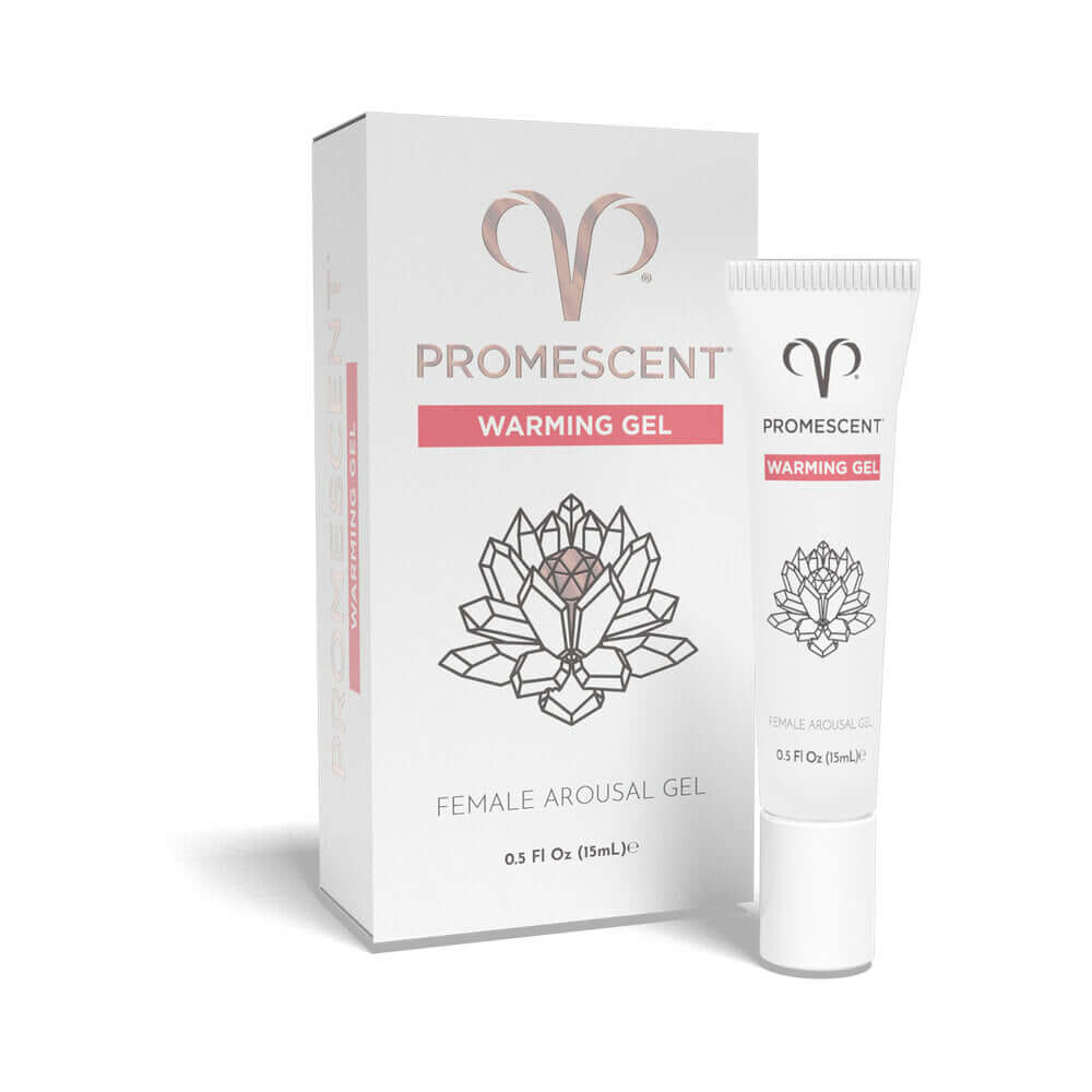 Promescent Female Arousal Warming Gel 0.5 Oz tube and box packaging on a white background.