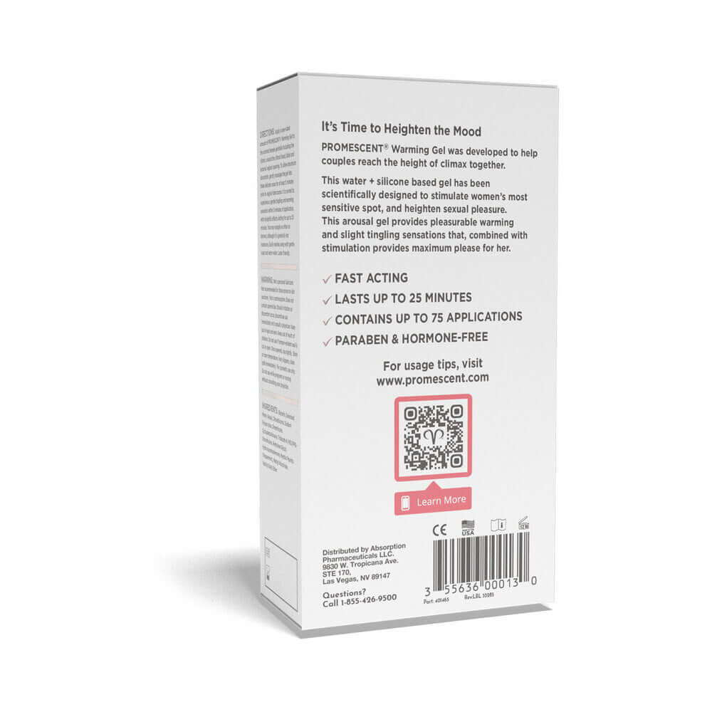 Promescent Female Arousal Warming Gel 0.5 Oz packaging with usage instructions and product details.