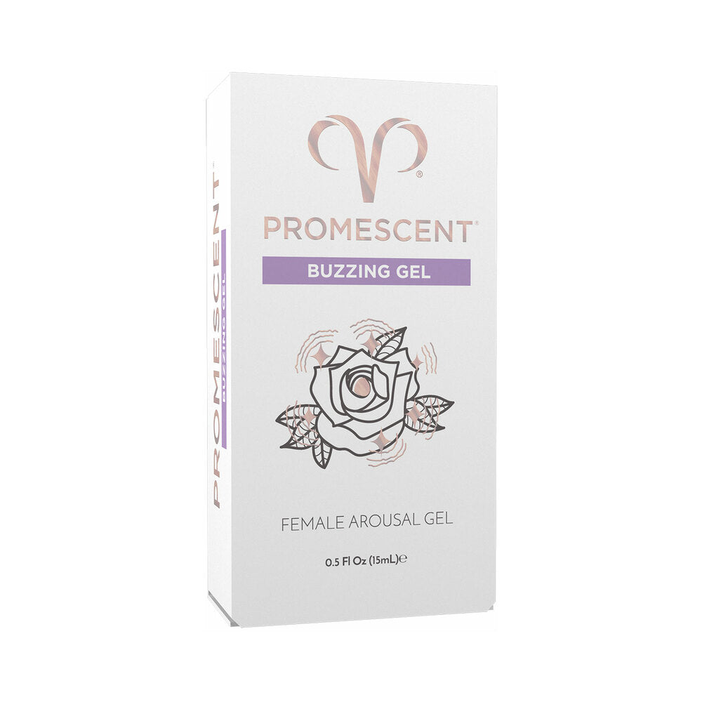 Promescent Female Arousal Buzzing Gel 0.5 Oz packaging with rose illustration and product details.