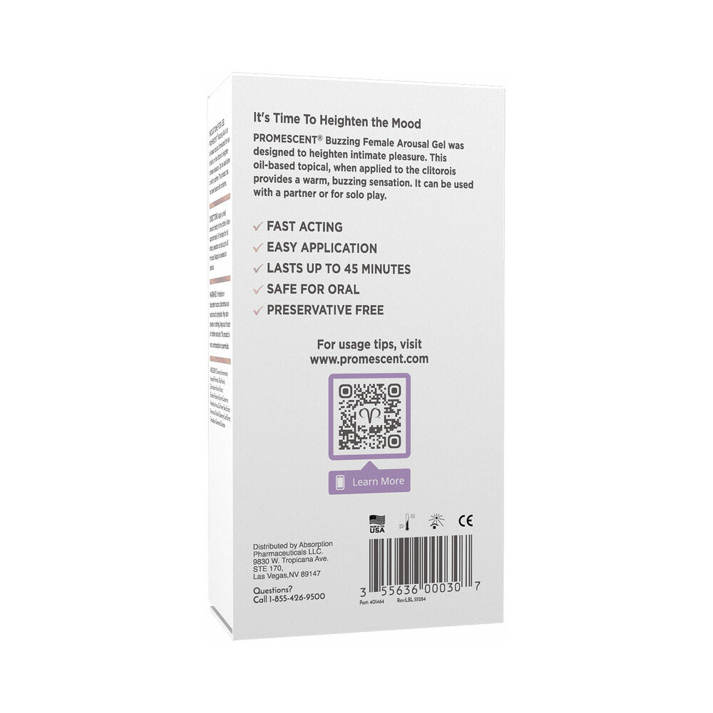 Promescent Female Arousal Buzzing Gel 0.5 Oz packaging with usage details and benefits listed.