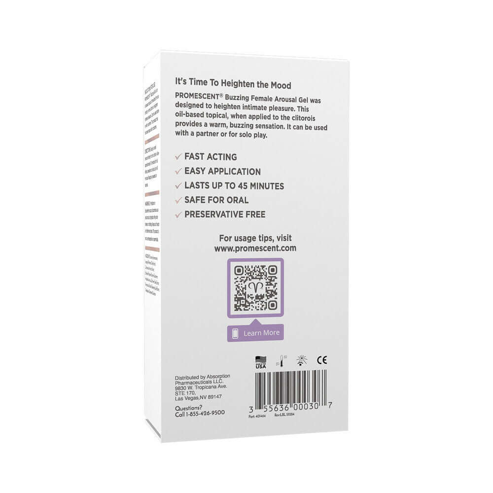 Promescent Female Arousal Buzzing Gel 0.5 Oz packaging with usage details and benefits listed.